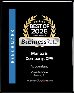 Award issued by BusinessRate. Munoz & Company, CPA is the top-rated accountant in Tampa, FL for 2026.